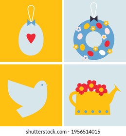 Happy Easter flat icons vector. Egg, dove, flower, set illustration. Egg hunt poster template. Festive spring holiday event design in flat cartoon style. All elements are isolated.