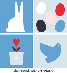 Happy Easter flat icons vector. Dove, rabbit, spring flowers and Easter egg set illustration. Egg hunt poster template. Festive spring holiday event design in flat cartoon style. All elements isolated