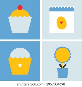 Happy Easter flat icons vector. Calendar, cupcake, sunflower and Easter egg set illustration. Egg hunt poster template. Festive spring holiday event design in flat cartoon style. All elements isolated