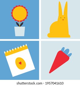 Happy Easter flat icons vector. Calendar, rabbit, carrot and Easter egg set illustration. Egg hunt poster template. Festive spring holiday event design in flat cartoon style. All elements are isolated