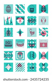Happy Easter Flat Line Poster. Vector Illustration of Spring Holiday Background. Greeting Card.