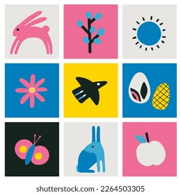 Happy Easter flat modern vector illustration. Egg hunt poster template. Minimalism. Hand drawn abstract flowers, bird, easter bunny, egg.