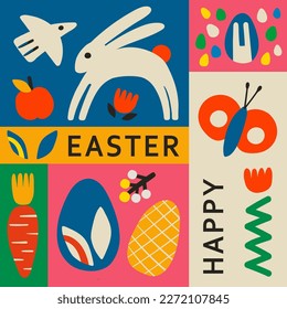 Feliz Pascua, moderna ilustración vectorial. Plantilla de afiches de caza de huevos. Minimalismo. Flores abstractas dibujadas a mano, pájaro, conejito de Pascua, huevo.