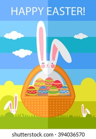 Happy Easter flat poster with white rabbit and color eggs