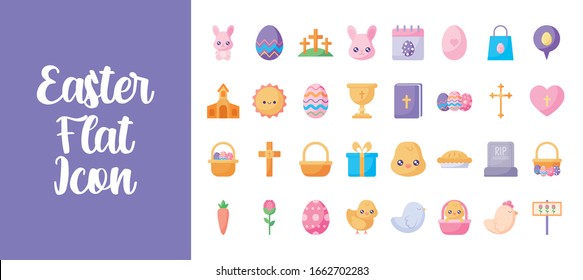 Happy easter flat style icon set design, Spring decoration holiday greeting ornament celebration festive season tradition and festival theme Vector illustration