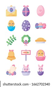 Happy easter flat style icon set design, Spring decoration holiday greeting ornament celebration festive season tradition and festival theme Vector illustration