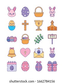 Happy easter flat style icon set design, Spring decoration holiday greeting ornament celebration festive season tradition and festival theme Vector illustration