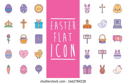 Happy easter flat style icon set design, Spring decoration holiday greeting ornament celebration festive season tradition and festival theme Vector illustration