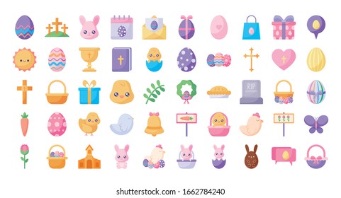 Happy easter flat style icon set design, Spring decoration holiday greeting ornament celebration festive season tradition and festival theme Vector illustration