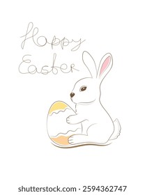 Happy Easter flat vector card. Cute easter bunny holding an egg isolated on white background. Simple vector illustration of the outline of a bunny with an easter egg and the inscription Happy Easter