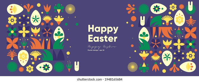 Happy Easter. Flat vector illustration. Abstract backgrounds, geometric patterns for the Easter holiday. Ornament, spring symbols, eggs, rabbit, flowers. Poster, banner, flyer. Egg packaging label.