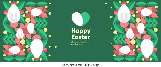 Happy Easter. Flat vector illustration. Abstract backgrounds, geometric patterns for the Easter holiday. Poster, banner, flyer. Egg packaging label. Ornament, spring symbols, eggs, flowers. 