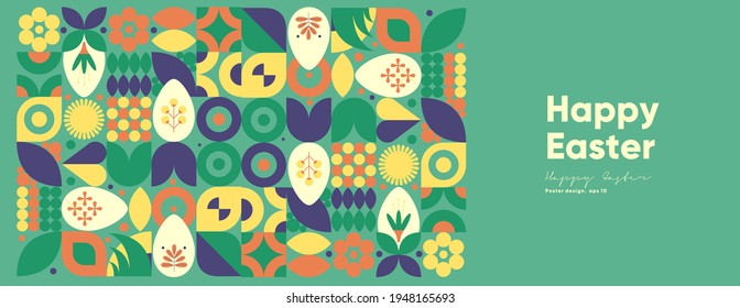 Feliz Pascua. Ilustración vectorial plana. Antecedentes abstractos, patrones geométricos para las vacaciones de Pascua. Ornamento, símbolos primaverales, huevos, conejo, flores. Cartel, pancarta, volante. Etiqueta de empaquetado de huevos.