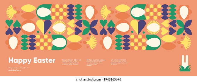 Happy Easter. Flat vector illustration. Abstract backgrounds, geometric patterns for the Easter holiday. Ornament, spring symbols, eggs, rabbit, flowers. Poster, banner, flyer. Egg packaging label.