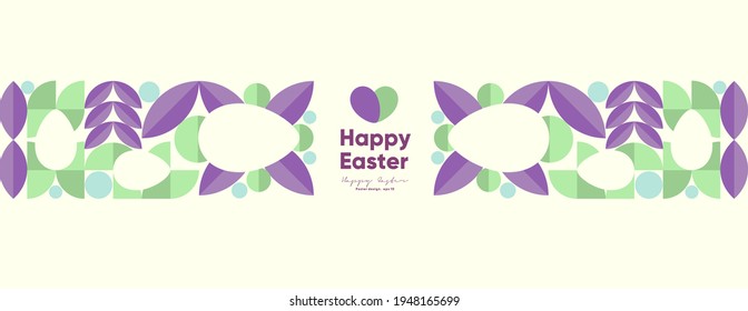 Happy Easter. Flat vector illustration. Abstract backgrounds, geometric patterns for the Easter holiday. Poster, banner, flyer. Egg packaging label. Ornament, spring symbols, eggs, flowers. 