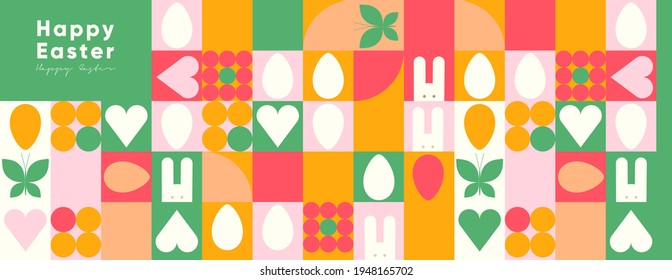 Happy Easter. Flat vector illustration. Abstract backgrounds, geometric patterns for the Easter holiday. Ornament, spring symbols, eggs, rabbit, flowers. Poster, banner, flyer. Egg packaging label.