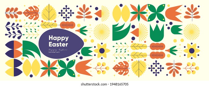 Happy Easter. Flat vector illustration. Abstract backgrounds, geometric patterns for the Easter holiday. Poster, banner, flyer. Egg packaging label. Ornament, spring symbols, eggs, flowers. 