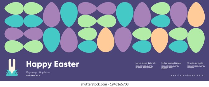 Happy Easter. Flat vector illustration. Abstract backgrounds, geometric patterns for the Easter holiday. Poster, banner, flyer. Egg packaging label. Ornament, spring symbols, eggs, flowers. 