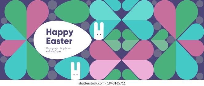 Happy Easter. Flat vector illustration. Abstract backgrounds, geometric patterns for the Easter holiday. Ornament, spring symbols, eggs, rabbit, hearts. Poster, banner, flyer. Egg packaging label.