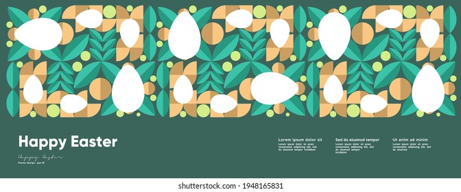 Happy Easter. Flat vector illustration. Abstract backgrounds, geometric patterns for the Easter holiday. Poster, banner, flyer. Egg packaging label. Ornament, spring symbols, eggs, flowers. 