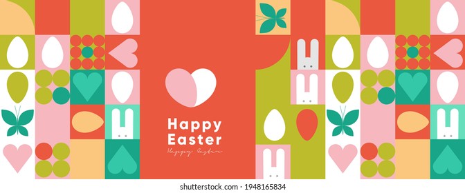 Happy Easter. Flat vector illustration. Abstract backgrounds, geometric patterns for the Easter holiday. Ornament, spring symbols, eggs, rabbit, flowers. Poster, banner, flyer. Egg packaging label.