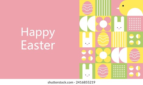 Happy Easter. Flat vector illustration. Abstract backgrounds, geometric patterns for the Easter holiday. Ornament, spring symbols, eggs, rabbit, flowers. Poster, banner, flyer. Egg packaging label.