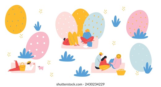 Happy Easter flat vector illustration. Greeting cards or posters. Egg hunt poster template. 