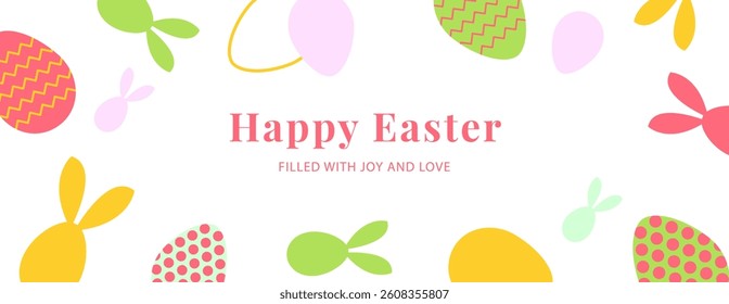 Happy Easter bаnner. Flat vector illustration with bunnies  and Easter eggs Perfect for Easter posters, banners, flyers, and egg packaging labels.  Spring ornaments, colorful eggs