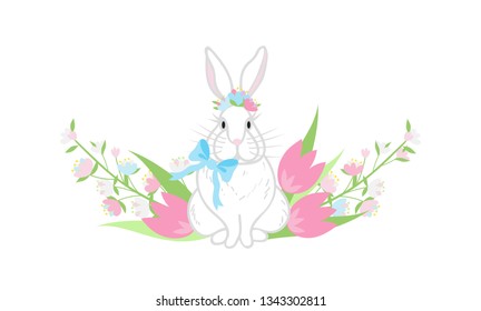 Happy Easter Floral Arrangements Vector Illustration, Ornate Easter eggs, Spring Flowers, Bunny, Bows, Tulips, Pastel Colors Easter Festive Printable Decoration.