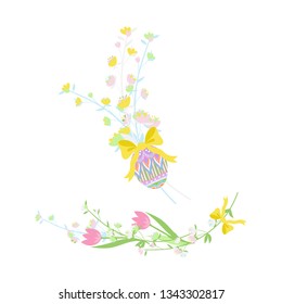 Happy Easter Floral Arrangements Vector Illustration, Ornate Easter eggs, Spring Flowers, Bows, Tulips, Pastel Colors Easter Festive Printable Decoration.
