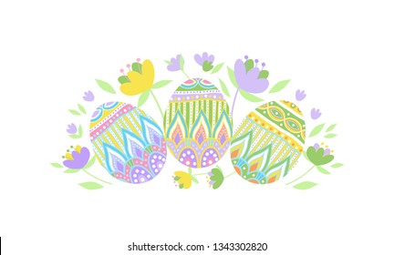 Happy Easter Floral Arrangements Vector Illustration, Ornate Easter eggs, Spring Flowers, Bows, Tulips, Pastel Colors Easter Festive Printable Decoration.