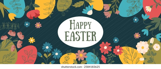 Happy Easter floral background with colorful eggs and spring flowers. Concept of Easter celebration, festive greeting and holiday decoration. Vector hand drawn banner.