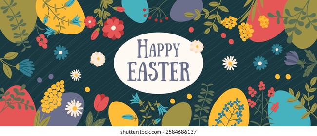 Happy Easter floral background with colorful eggs and spring flowers. Concept of Easter celebration, festive greeting and holiday decoration. Vector hand drawn banner.