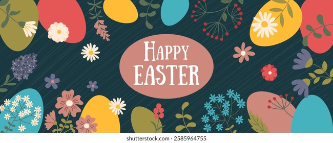 Happy Easter floral background with colorful eggs and spring flowers. Concept of Easter celebration, festive greeting and holiday decoration. Vector hand drawn banner.