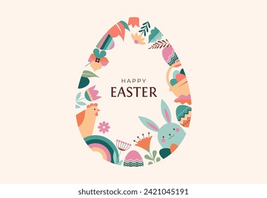 Happy Easter floral background, Easter egg card, framed banner design. Vector illustration