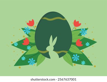 Happy Easter floral background, Easter egg card with bunny, framed banner design. Vector illustration.