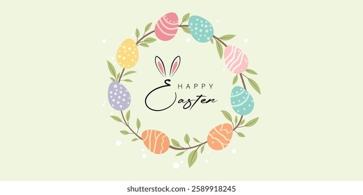 Happy Easter floral background, Easter egg card, framed banner design. Vector illustration