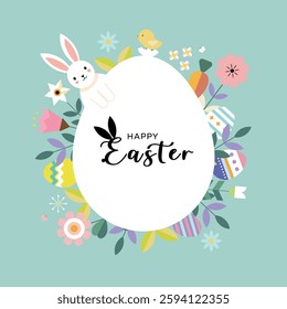 Happy Easter floral background, Easter egg card, framed banner design.