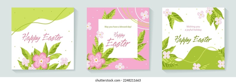 Happy Easter floral card vintage design. Pink peony flowers and green leaves botanical spring greeting card set. Pale blossom, pink flowers blooming vintage holiday banner with Happy Easter frames.