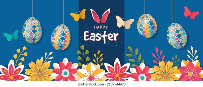 Happy Easter Floral Colorful Horizontal Banner Design. Flowers, butterflies, bunny ears and colorful pattern design eggs horizontal banner vector illustration. Spring Festival Holiday theme graphic.