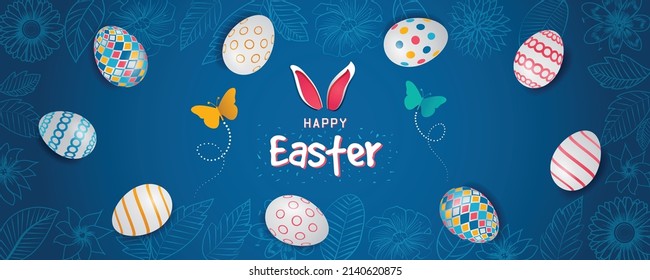 Happy Easter Floral Colorful Horizontal Banner Design. Flowers, butterflies, bunny ears and colorful pattern design eggs website header vector illustration. Spring Festival Holiday theme graphic.