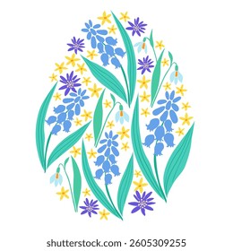 Happy Easter floral egg, greeting card, spring flowers, easter egg, vector holiday illustration. 