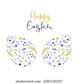 Happy Easter. Floral Easter egg with spring flowers and leaves. Greeting card, poster, banner. Vector illustration