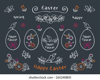 Happy Easter. Floral elements for easter. Doodles, sketch. Hand drawn with chalk on the black chalkboard. Congratulation. Vector illustration