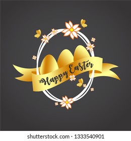 happy easter floral frame gold dark background 