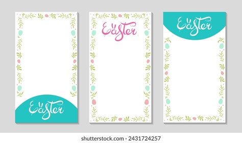 Happy Easter floral frame. For Social media long greeting stories. Background with lettering for sale, visual design. Holidays vertical text templates for photos and videos. Vector flat illustration.