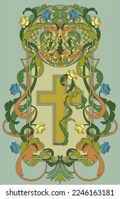 Happy Easter. Floral frame vip card in art nouveau style, vector illustration