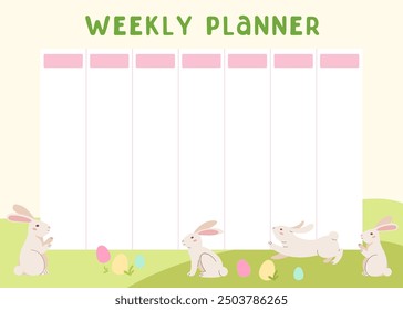 Frohe Ostern Blumenrahmen. Wöchentlicher Planer mit Blättern und Eiern. Frühlingsblumen und Blätter Hintergrund für Noten. Netter Lifestyle-Planer ist für 7 Tage. Entwurfsvorlage planen. Vektorgrafik.