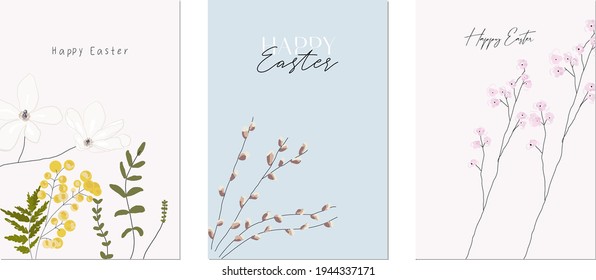 Feliz Pascua floral con flores de flores de primavera dibujadas a mano, sauce, sakura, mimosa, magnolia en flor. Jardín botánico de primavera. Invitaciones, medios sociales, imprimibles