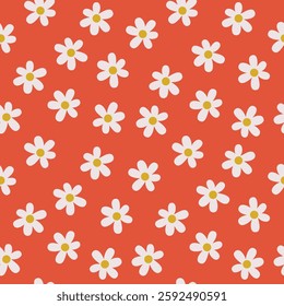 Happy Easter floral millefleur seamless pattern. Cute boho daisy flower ornament on red backdrop. Naive art meadow flowers. Doodle style vector illustration for textile, wallpaper, wrapping paper.
